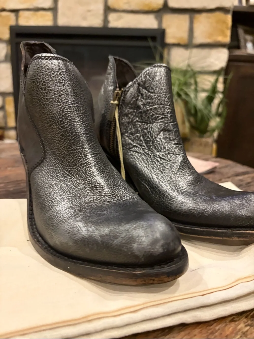 LIBERTY Black Metallic Black Leather Ankle Booties with Side Zip